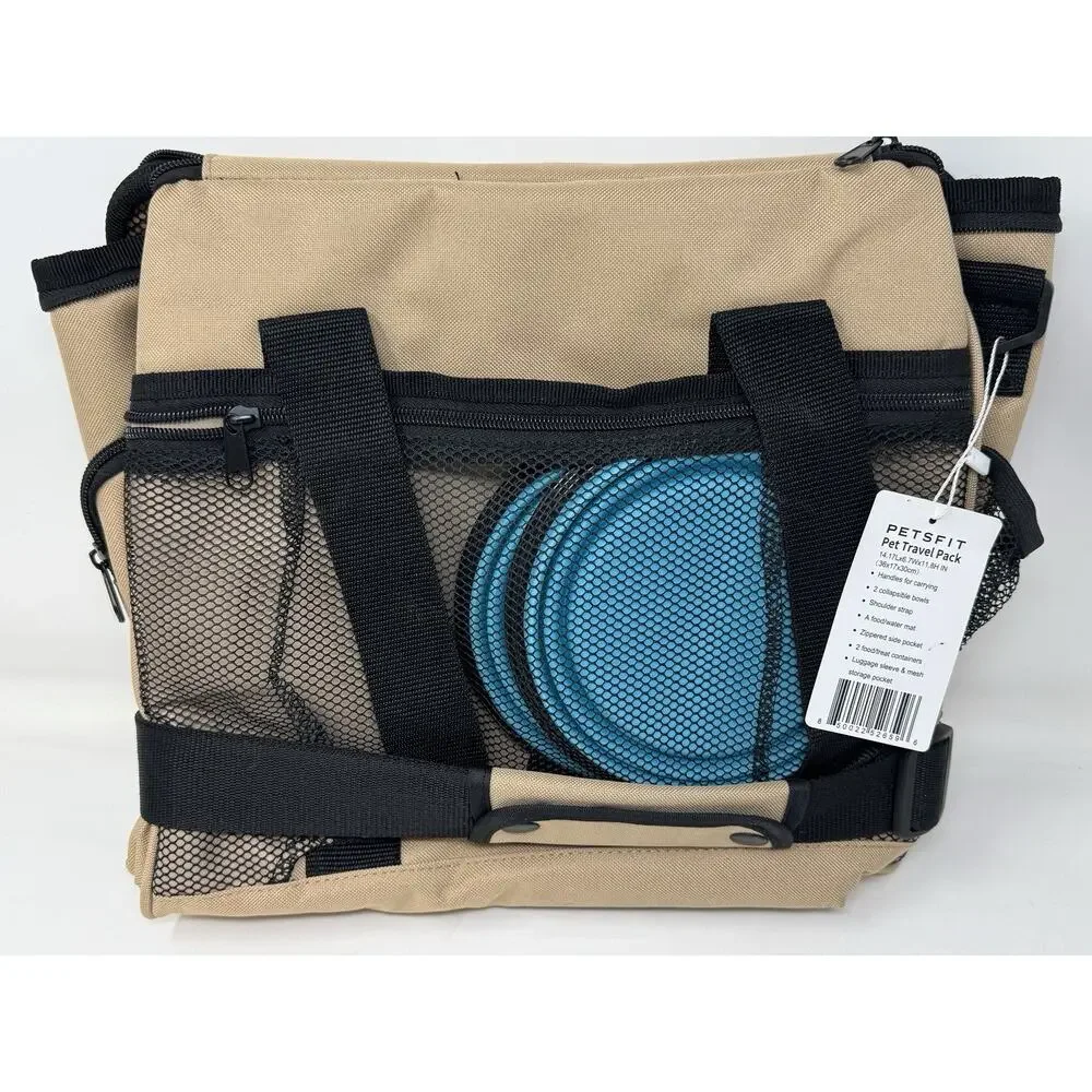 Petsfit Dog Travel Bag Kit 2 Bowls Food Containers Shoulder Strap New Beige